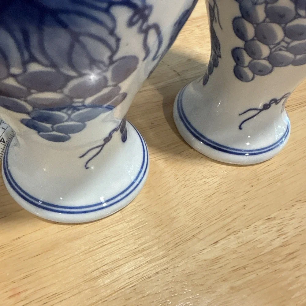 Vintage Pair Blue & White Ceramic Vases Grapevine Pattern Glossy